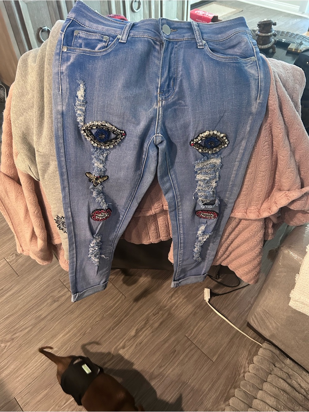 Embellished Light Blue Evil Eye Patch Distressed Women’s Jeans